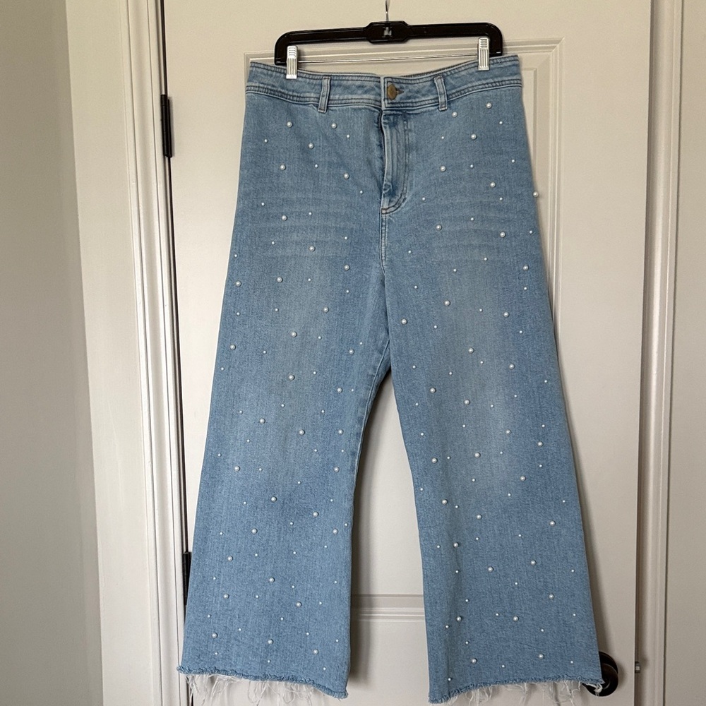 ANTONIO MELANI Light Blue Wide Leg Cropped Jeans with Pearl Details